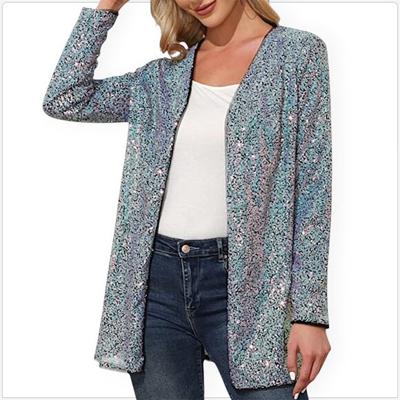 Kancy Kole Blue Gold Sequin Open Front Blazer Cardigan Jacket New NWT Plus 2XL - Picture 1 of 5